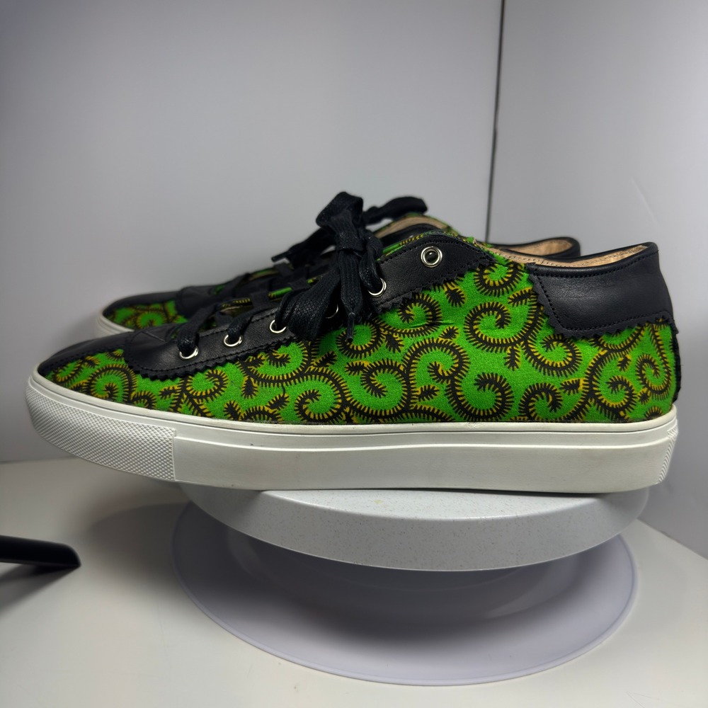 Kamod African Sneakers Low Top Green Swirl Print Black Leather Lace Up Mens 9.5 - Picture 3 of 14